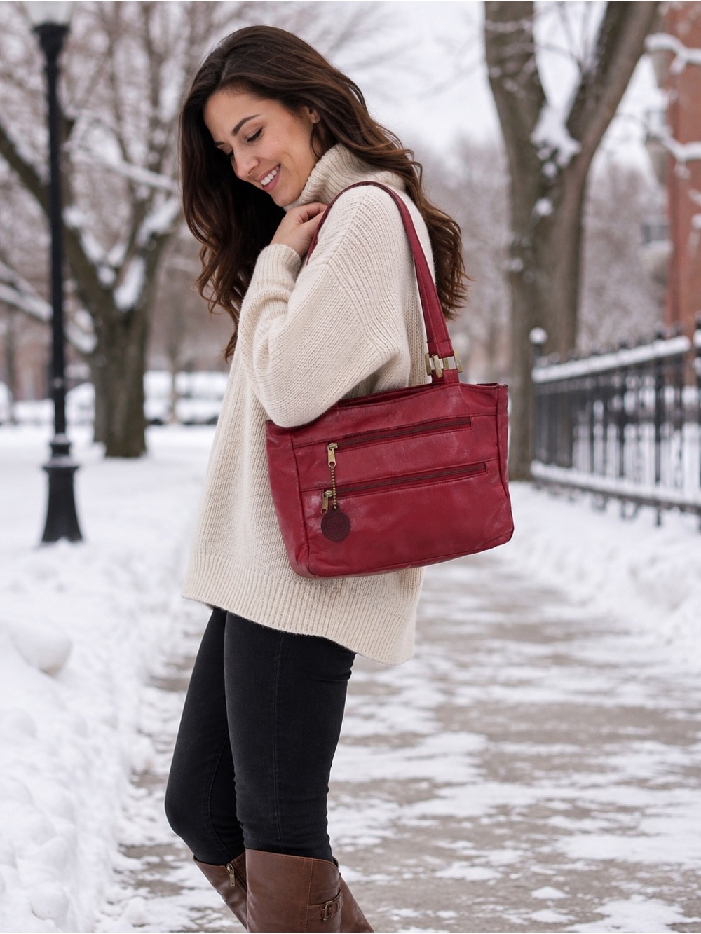 ❤️ SAS Genuine Leather Red Shoulder Tote Bag Vintage Style Multi Pocket Handbag